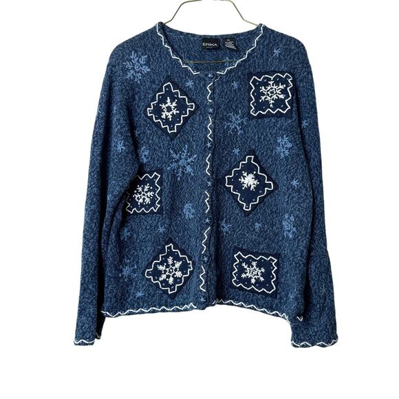Erika blue white embroidered snowflake winter button front cardigan Petite Large - Picture 1 of 5